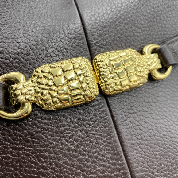Talbots Dark Chocolate Brown Pebble Leather Shoulder Purse Bag Gold Belt Detail - Picture 8 of 11